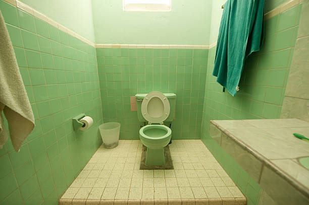 This is an image of a bathroom tiled in white and green.